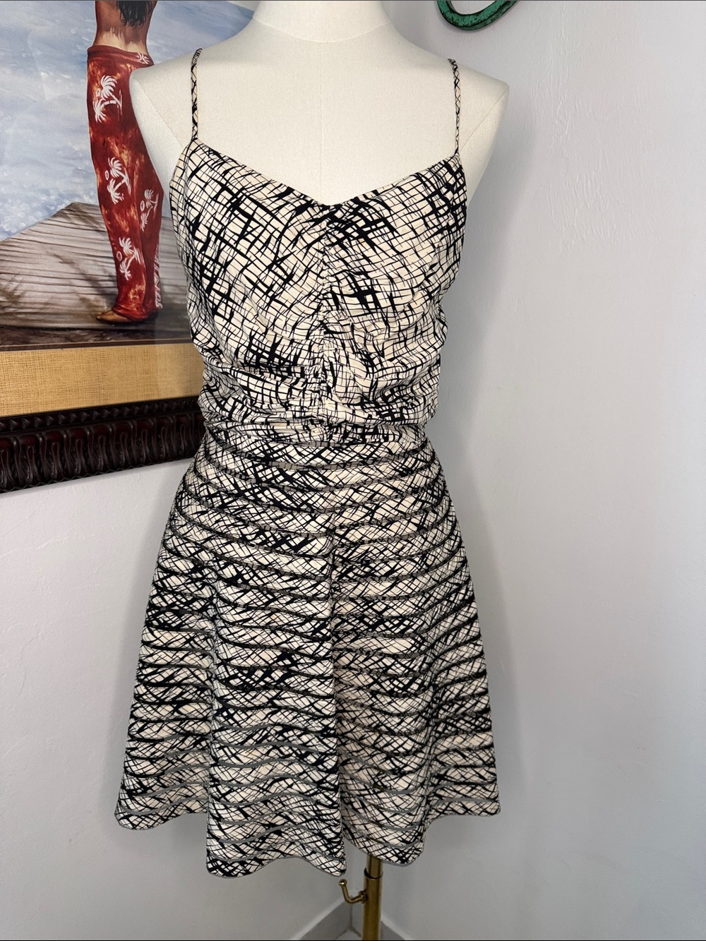 Parker Black and White Textured Spaghetti-Strap Mini Dress Silk